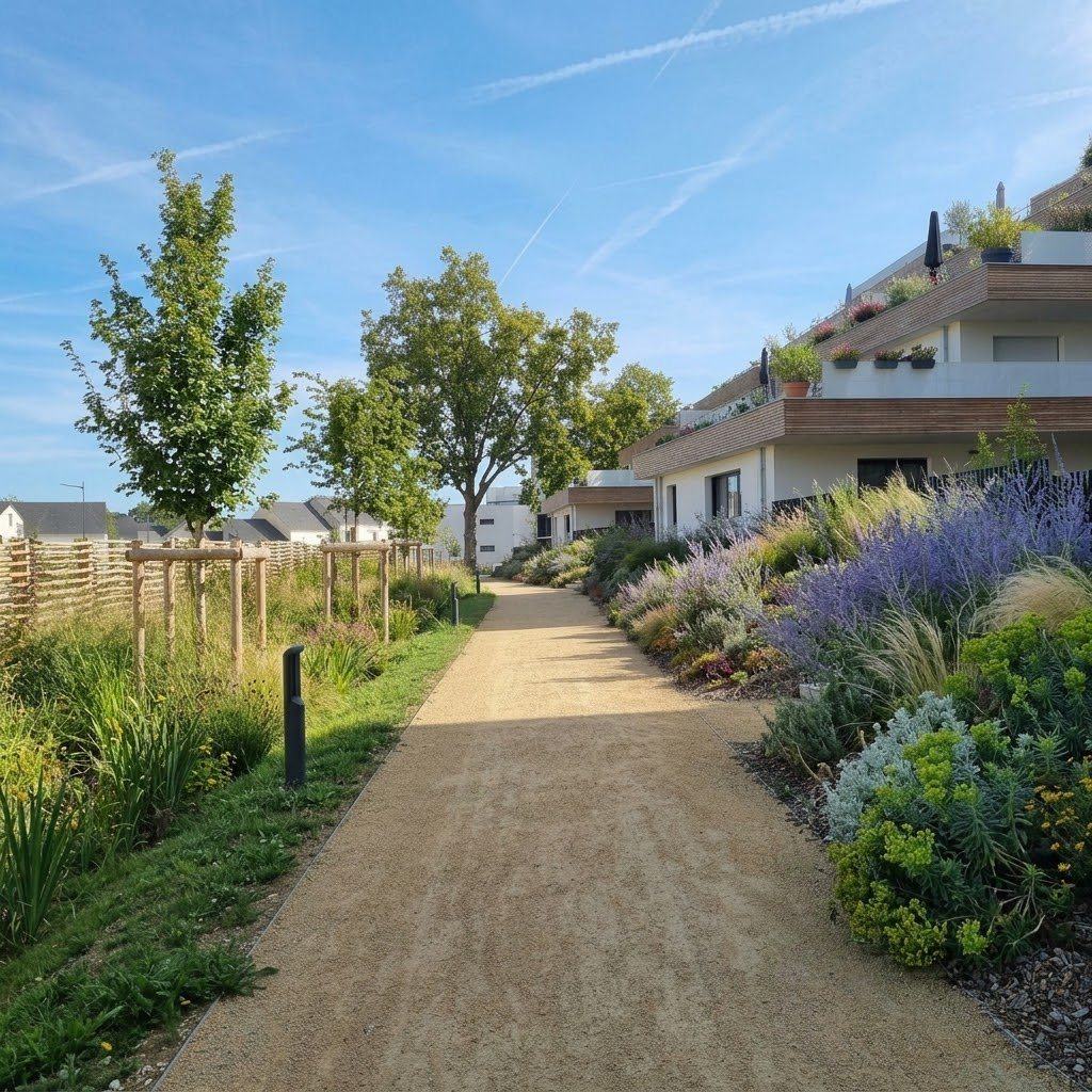Cheminement et massifs plantés au pied des logements